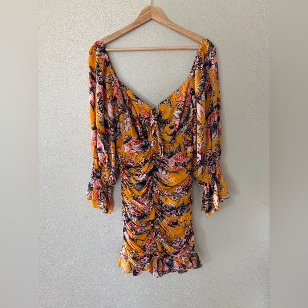 NWT Anthropologie Ranna Gill Ruched Floral Mini Dress Yellow Long Sleeve Size M
